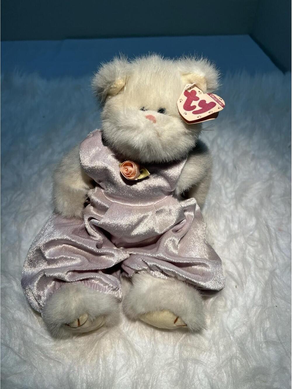 TY Collectible 1993 Amethyst The White Cat Lavender Jumpsuit 12" Plush